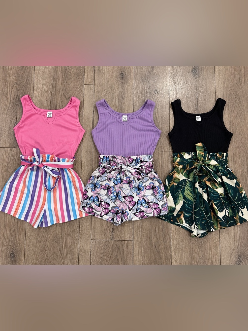 Girls Pink, Lavender & Black Tank Romper Trio with Printed Paperbag romper